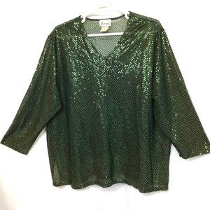 Vtg Green Sequin Dot ¾ Sleeve V Neck Top